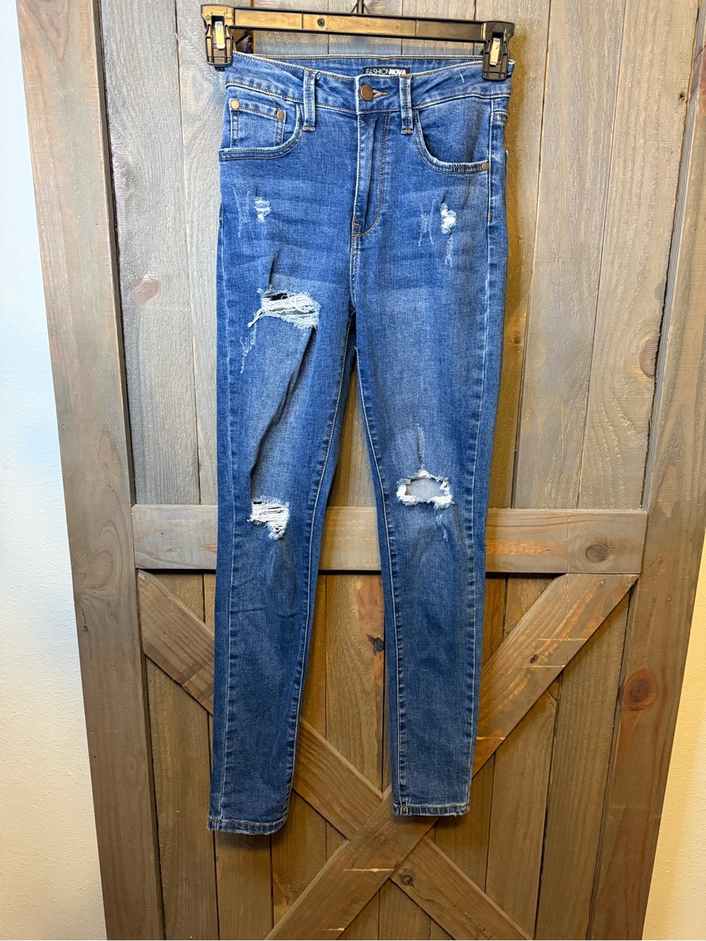 Fashion Nova Dark Blue Distressed Skinny Jeans